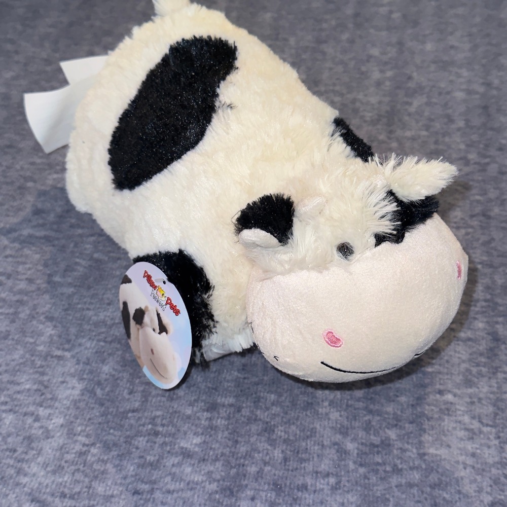 Pillow Pets Peewees Cow Plush Stuffed Animal Travel Pillow Black White 11 inch